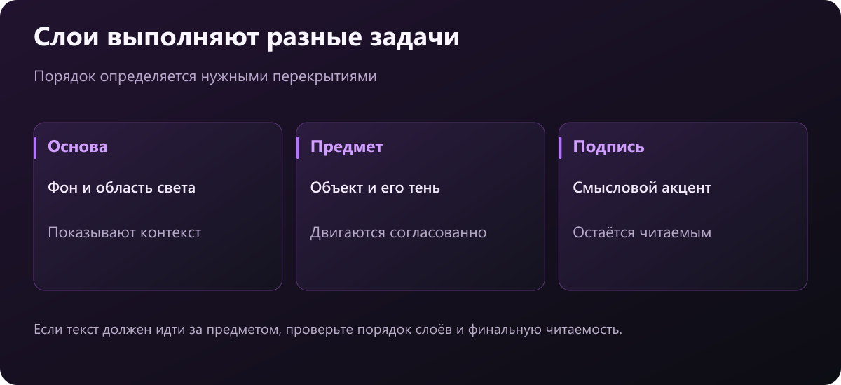 Слои анимированной сцены: фон и свет, предмет с тенью, отдельная смысловая подпись
