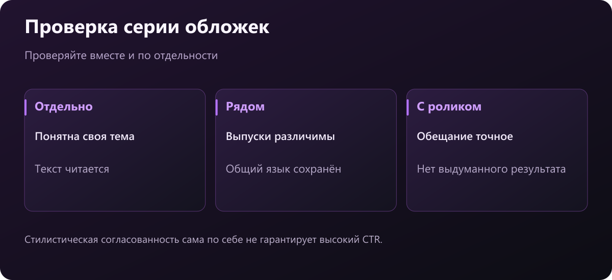 Три режима проверки: отдельная обложка, серия рядом и соответствие ролику