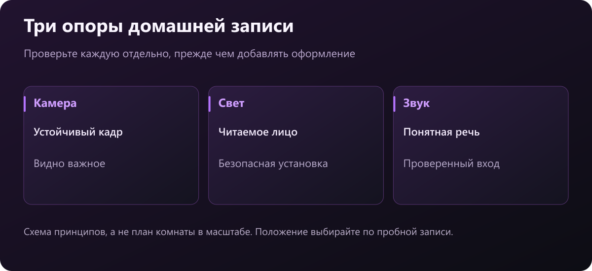 Три отдельные проверки домашней записи: устойчивость камеры, понятный свет и разборчивый звук