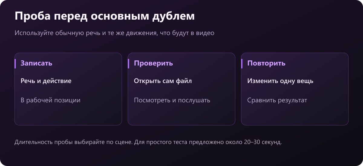 Цикл контрольной записи: записать рабочую сцену, открыть файл, изменить один параметр и повторить