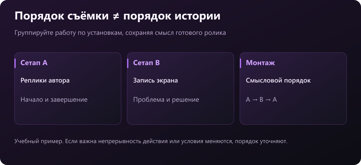 Реплики автора снимаются в одном сетапе, экран в другом, а при монтаже собираются в смысловом порядке