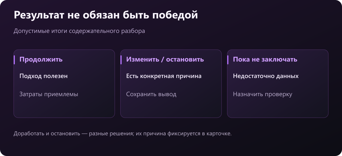 Итоги эксперимента: продолжить, изменить или остановить, либо отложить вывод при недостатке данных