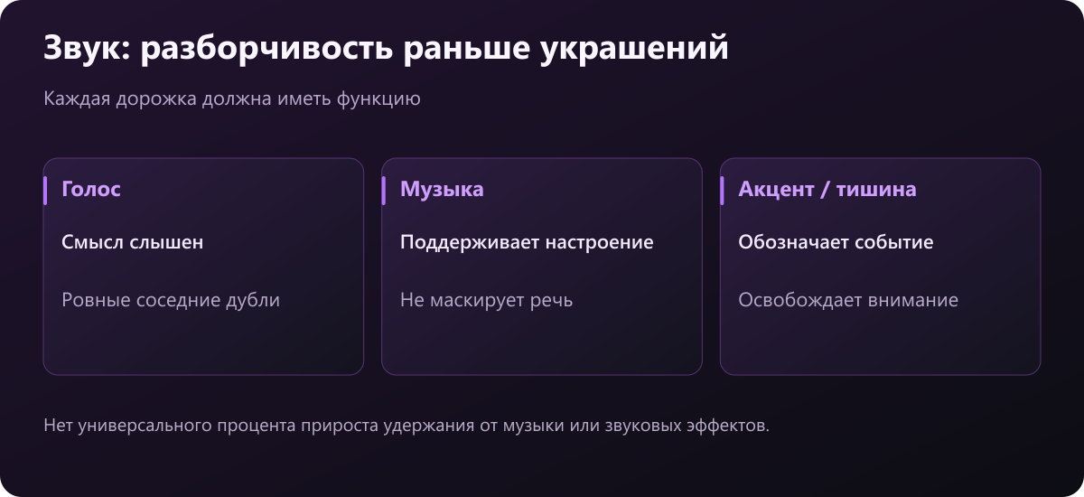 Приоритеты звуковой работы: разборчивый голос, поддерживающая музыка и осмысленные акценты или тишина