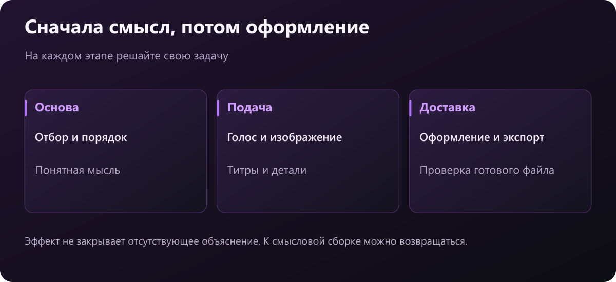 Три этапа монтажа: смысловая основа, понятная подача и проверенная доставка файла