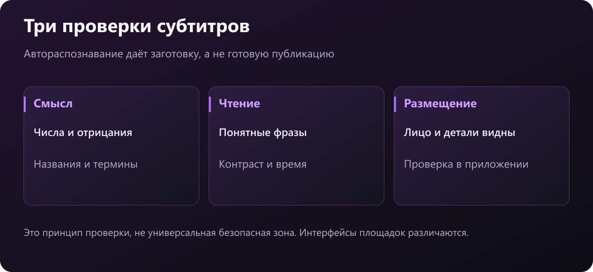 Проверка субтитров по смыслу, читаемости и размещению относительно важных деталей и интерфейса