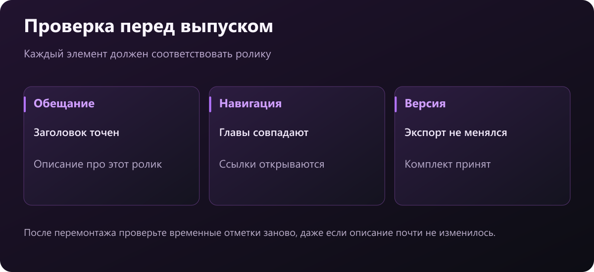 Приёмка оформления: содержание, навигация и соответствие версии финального видео