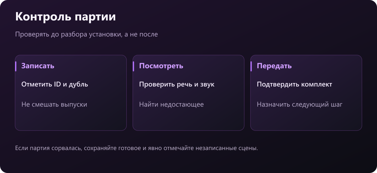 Контроль съёмки: маркировка дублей, просмотр и приёмка комплекта каждого ролика