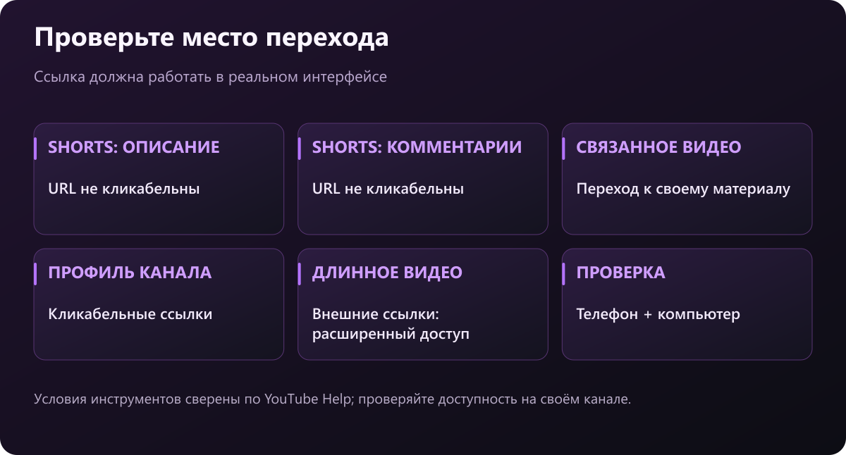 Карта переходов: ссылки в описаниях и комментариях Shorts не кликабельны; доступны другие места перехода